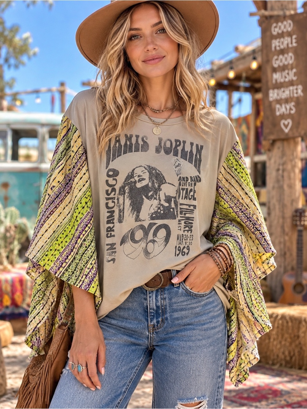 154 NWT Blue Velvet Janis Joplin Tee with Kantha Sleeves